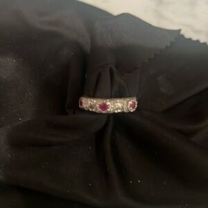 Judith Ripka Red Ruby Silver Textured Band Stackable with CZ Size 6